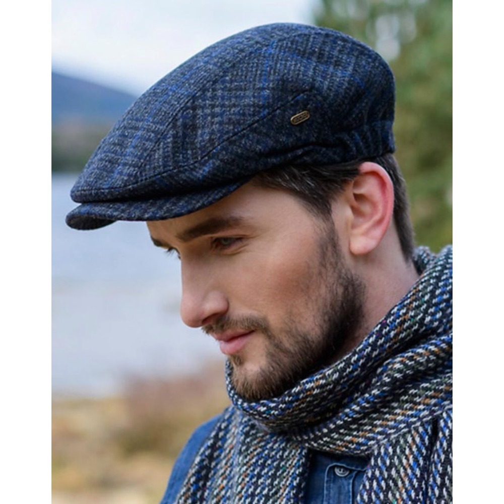 Mucros Weavers Kerry Flat Cap Mens Small Charcoal Blue Plaid Wool Tweed Ireland